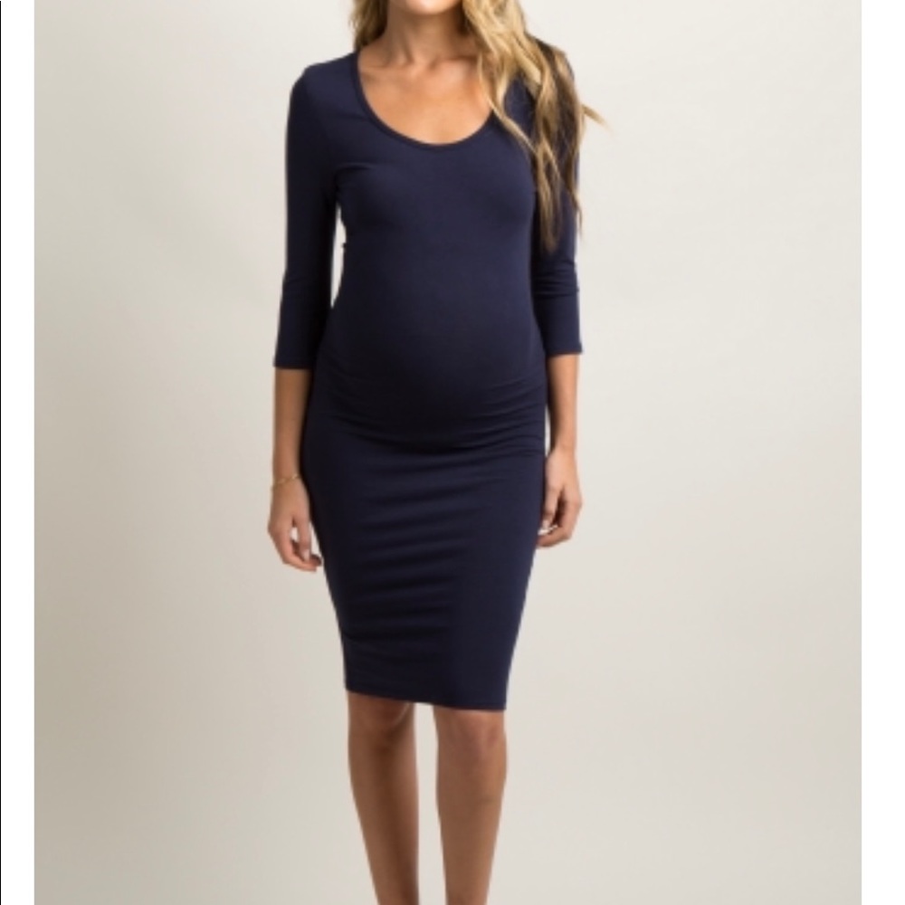Navy 3/4 Sleeve Fitted Maternity Dress
